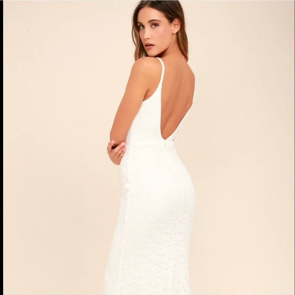 Lulus Ephemeral Allure Lace Maxi Dress in Nude Size Medium